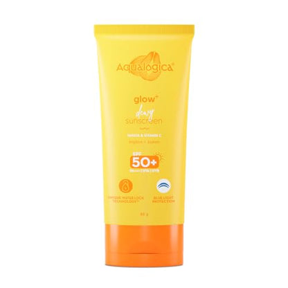 Aqualogica Glow+ Dewy Sunscreen SPF 50 PA++++ | UVA/B & Blue Light Protection for Men & Women | Oily, Dry, Sensitive & Combination Skin | Fragrance-Free | 50g