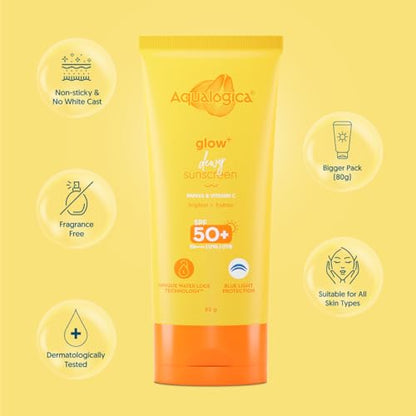 Aqualogica Glow+ Dewy Sunscreen SPF 50 PA++++ | UVA/B & Blue Light Protection for Men & Women | Oily, Dry, Sensitive & Combination Skin | Fragrance-Free | 50g