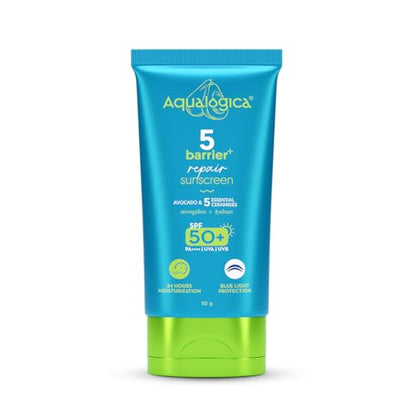 Aqualogica 5 Barrier+ Repair Sunscreen with Avocado & 5 Essential Ceramides-80g|SPF 50 PA++++|UVA/B & Blue Light Broad Spectrum Protection|Strengthens Skin Barrier|24 Hr Moisturization|Fragrance Free