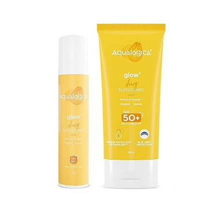 Aqualogica Glow+ Dewy Lightweight & Hydrating All Skin Type Sunscreen With Spf 50+ & Pa++++ For Uva/B & Blue Light Protection & No White Cast - 80G Pack Of 2