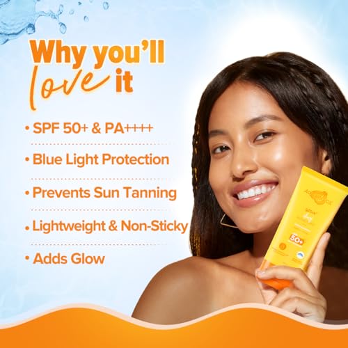 Aqualogica Glow+ Dewy Sunscreen SPF 50 PA++++ | UVA/B & Blue Light Protection for Men & Women | Oily, Dry, Sensitive & Combination Skin | Fragrance-Free | 50g