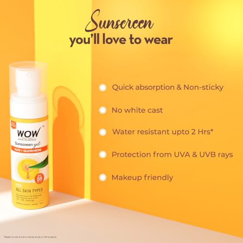 WOW Skin Science Sunscreen Gel For All Skin Types | SPF 55 PA++++ | With Glutathione & Aloe Vera Extract | Lightweight | Quick Absorbing | No White Cast | UVA & UVB Protection | 10 ml