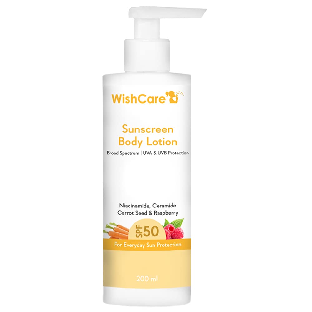 WishCare SPF50 Sunscreen Body Lotion - Broad Spectrum - UVA & UVB Protection with No White Cast - With Carrot Seed & Raspberry - For Men & Women - 200 Ml