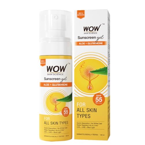 WOW Skin Science Sunscreen Gel For All Skin Types | SPF 55 PA++++ | With Glutathione & Aloe Vera Extract | Lightweight | Quick Absorbing | No White Cast | UVA & UVB Protection | 10 ml