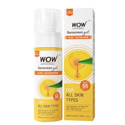 WOW Skin Science Sunscreen Gel For All Skin Types | SPF 55 PA++++ | With Glutathione & Aloe Vera Extract | Lightweight | Quick Absorbing | No White Cast | UVA & UVB Protection | 10 ml