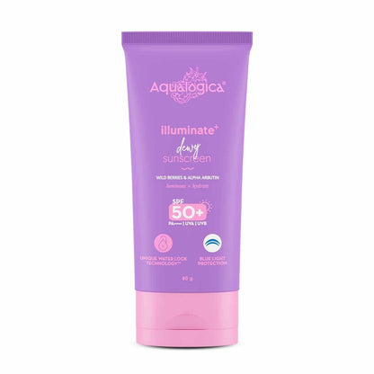 Aqualogica lluminate+ Dewy All Skin Type Sunscreen Spf 50+ Pa++++ With Wild Berries&Alpha Arbutin - 50 G Protection Against Uva/B&Blue Light Protection Fragrance-Free For Luminous&Sun Protected Skin