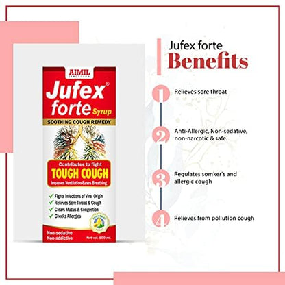 AIMIL Jufex Forte Syrup - 100ml | Ayurvedic Herbal Syrup for Tough Cough, Sore Throat, Congestion and Respiratory Wellness | Non-Alcoholic & No Drowsiness