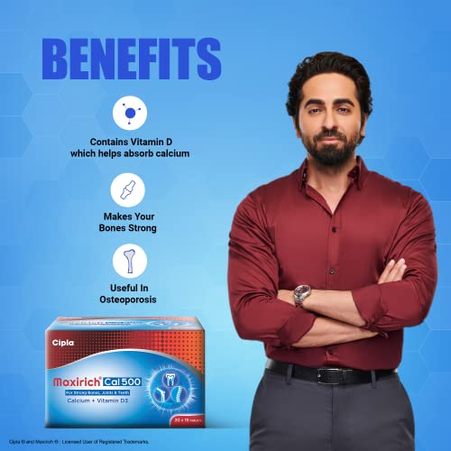 Cipla Maxirich Cal 500 (45 Tablets) | Calcium 500mg & Vitamin D3 | For Strong Bones, Joints & Teeth | (15 * 3 Strips)