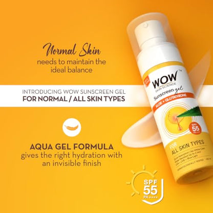 WOW Skin Science Sunscreen Gel For All Skin Types | SPF 55 PA++++ | With Glutathione & Aloe Vera Extract | Lightweight | Quick Absorbing | No White Cast | UVA & UVB Protection | 10 ml