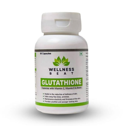 Wellness Beat L-Glutathione Capsules with Vitamin E & C for Healthy Glowing & Brightening Skin | Immune & Antioxidant Support, Biotin, Grape Seed Extract & Alpha Lipoic Acid (500mg)