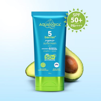 Aqualogica 5 Barrier+ Repair Sunscreen with Avocado & 5 Essential Ceramides-80g|SPF 50 PA++++|UVA/B & Blue Light Broad Spectrum Protection|Strengthens Skin Barrier|24 Hr Moisturization|Fragrance Free