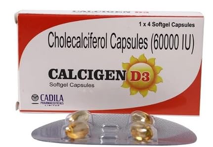 Calcigen D3 cadila 60,000 IU vitamin d3 softgel capsules (Pack of 5)=20 capsules