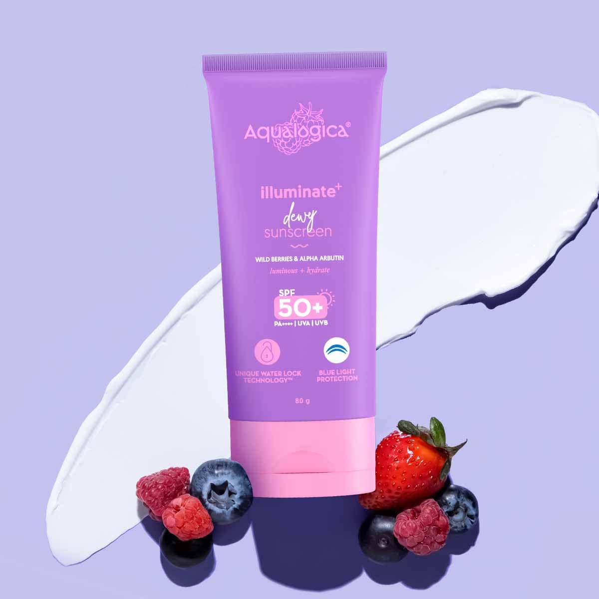 Aqualogica lluminate+ Dewy All Skin Type Sunscreen Spf 50+ Pa++++ With Wild Berries&Alpha Arbutin - 50 G Protection Against Uva/B&Blue Light Protection Fragrance-Free For Luminous&Sun Protected Skin