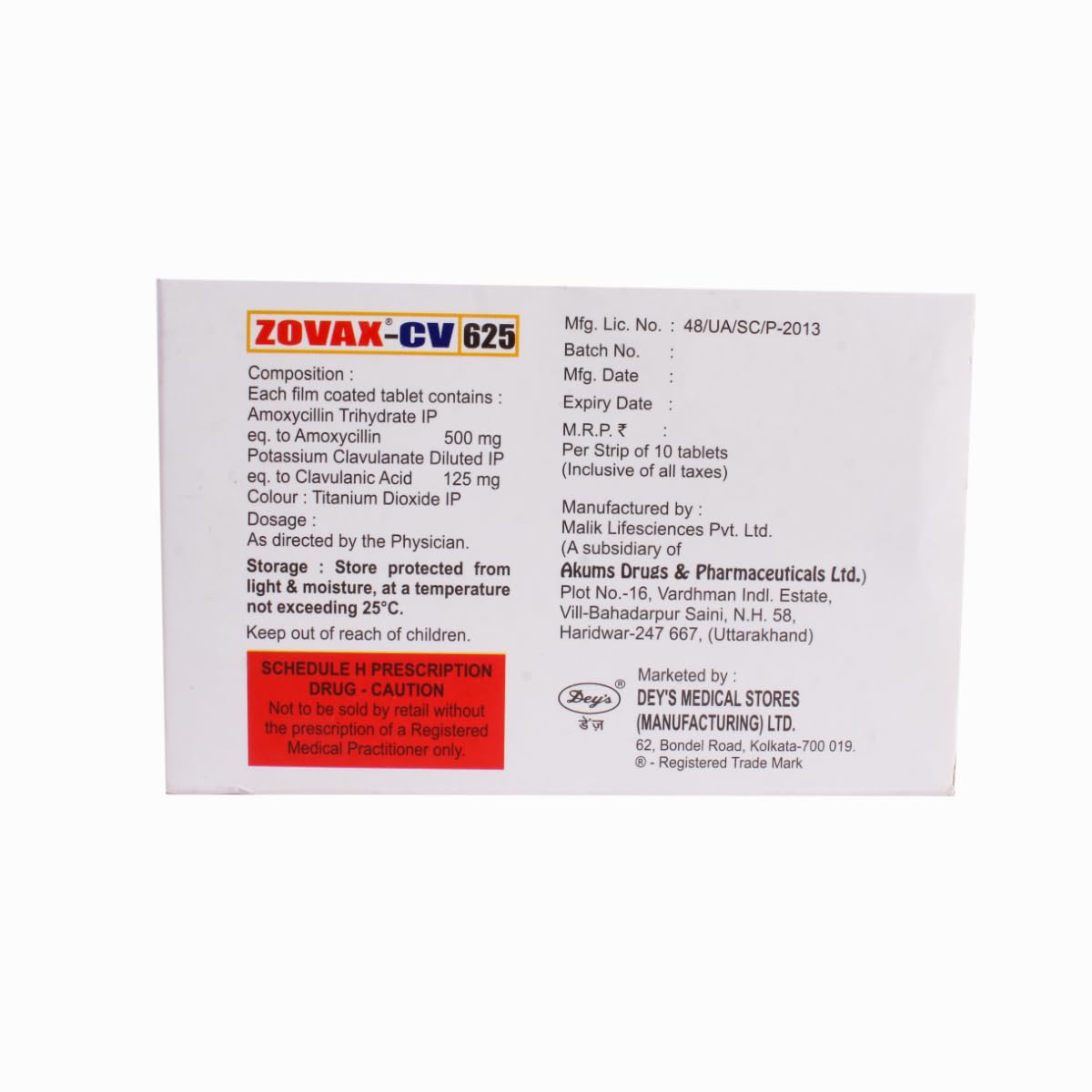 Zovax CV 625 mg - Strip of 10 Tablets