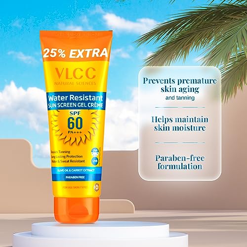 VLCC Water Resistant SPF 60 PA+++ Sunscreen Gel Crème - 100g + 25g Extra | With Niacinamide, Ceramides & Vitamin E | Protects from UVA, UVB Rays, Sun Damage, Skin Darkening and Premature Ageing