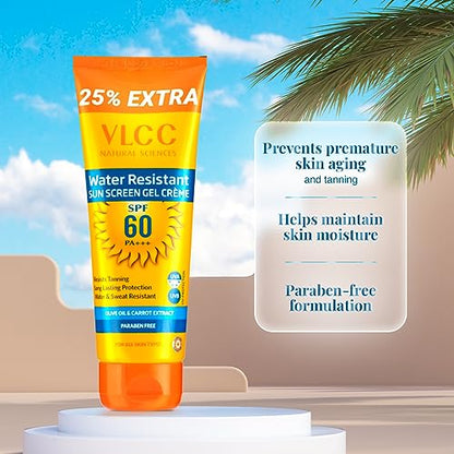 VLCC Water Resistant SPF 60 PA+++ Sunscreen Gel Crème - 100g + 25g Extra | With Niacinamide, Ceramides & Vitamin E | Protects from UVA, UVB Rays, Sun Damage, Skin Darkening and Premature Ageing