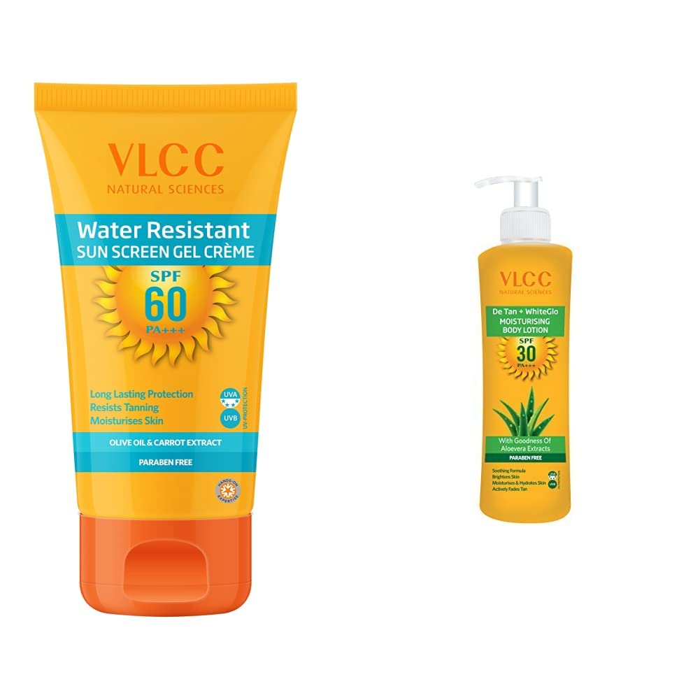 VLCC Water Resistant SPF 60 PA+++ Sunscreen Gel Crème - 100g + 25g Extra | With Niacinamide, Ceramides & Vitamin E | Protects from UVA, UVB Rays, Sun Damage, Skin Darkening and Premature Ageing