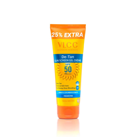 VLCC De-Tan SPF 50 PA+++ Sunscreen Gel Crème - 100g | With Cucumber, Carrot, and Saxifraga Extracts | Enhances Glow, Protects from UVA, UVB Rays, and Help Reduce Dark Patches.