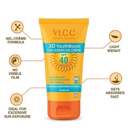 VLCC 3D Youth Boost SPF 40 +++ Sunscreen Gel Crème - 100g | UVA & UVB Protection | Broad Spectrum Sunscreen for Skin Elasticity, Firmness & Reduced Skin Pigmentation.