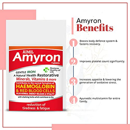 AIMIL Amyron Tablet - 30 Tablets (Pack of 3) | Enriched with Vitamin Rich Herbs & Minerals for Men & Women of All Ages | Reduces Tiredness & Fatigue | Improves Haemoglobin Level