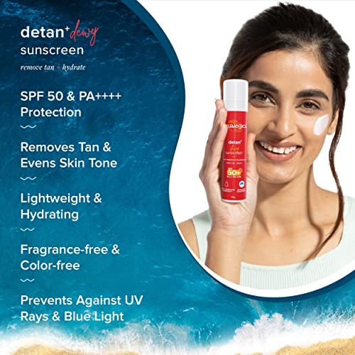 Aqualogica Detan+ Dewy Lightweight Sunscreen with SPF 50+ & PA++++ for UVA/B & Blue Light Protection | Normal, Sensitive & Dry Skin | Tan Removal & No White Cast for Men & Women - 50g