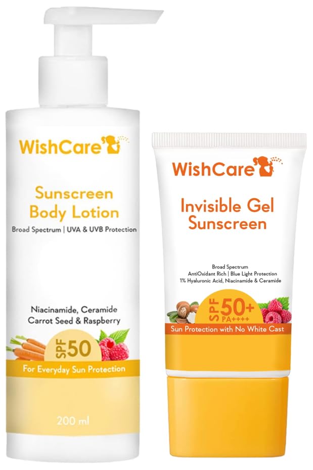 WishCare SPF50 Sunscreen Body Lotion - Broad Spectrum - UVA & UVB Protection with No White Cast - With Carrot Seed & Raspberry - For Men & Women - 200 Ml