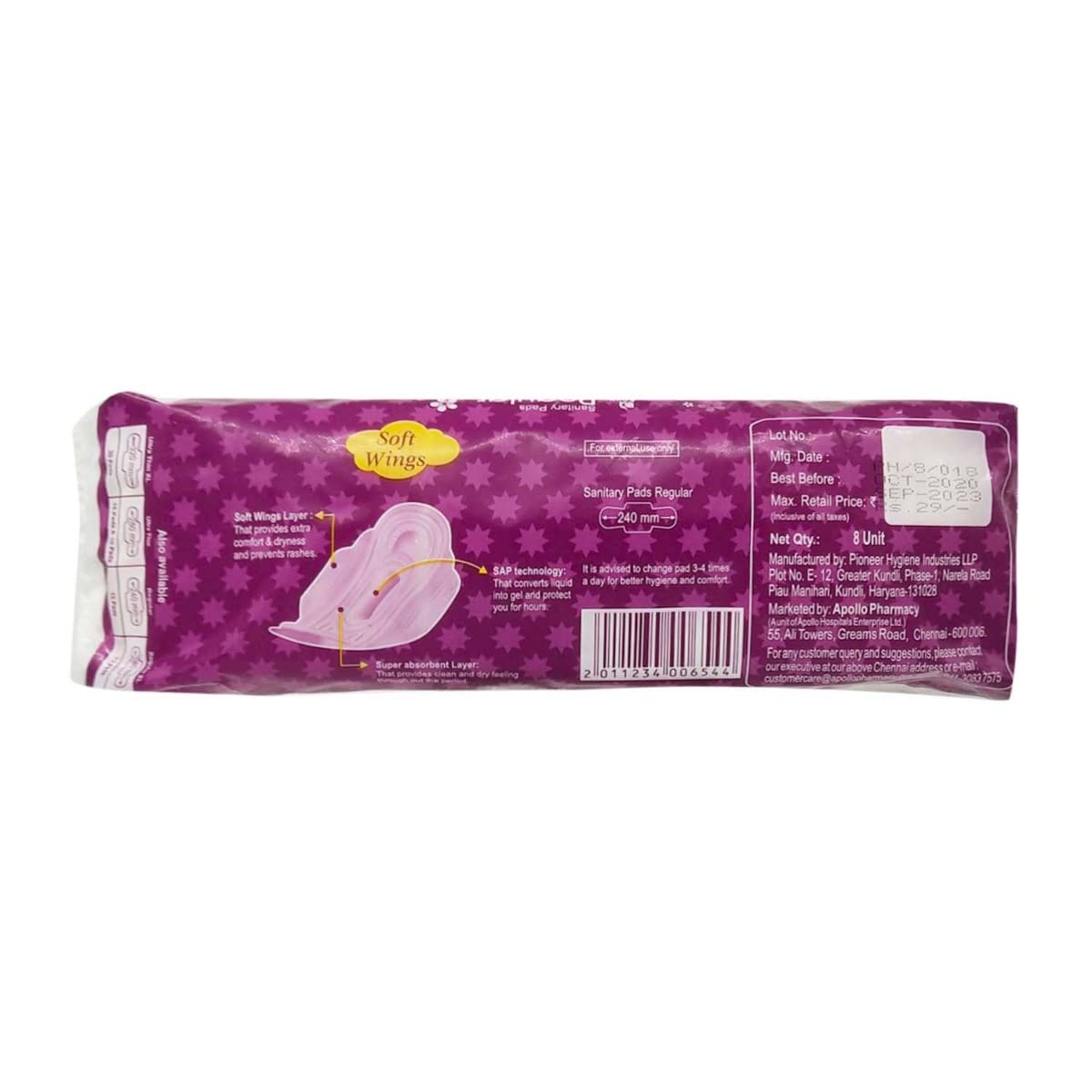 Apollo Pharmacy Regular Sanitary Pads With Wings, 8 Count