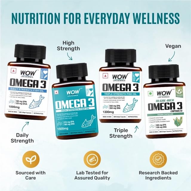 WOW Omega-3 Fish Oil 1000 mg Triple Strength 550mg EPA 350mg DHA, Burpless, Mercury free, Ideal for Keto Diet