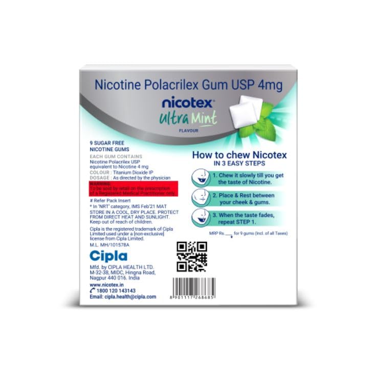 Nicotex 4 mg Sugar Free Ultra Mint - Strip of 9 Chewing Gum