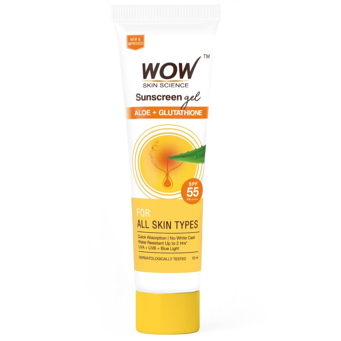 WOW Skin Science Sunscreen Gel For All Skin Types | SPF 55 PA++++ | With Glutathione & Aloe Vera Extract | Lightweight | Quick Absorbing | No White Cast | UVA & UVB Protection | 10 ml