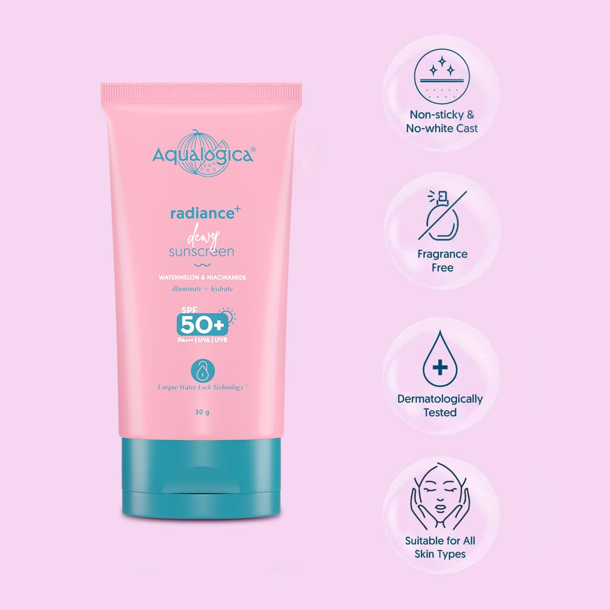 Aqualogica Dewy Sunscreen SPF 50 With Watermelon For All Skin & Niacinamide 50.0 Gm Bottle, 1 Count