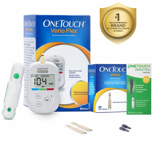 OneTouch Verio Flex Blood Glucose Monitor Value-Pack (Free:10 strips + 10 lancets + 1 Lancing device) + 25 strip pack + 1 pack of 25 lancet | Bluetooth Connected Device for Managing Diabetes