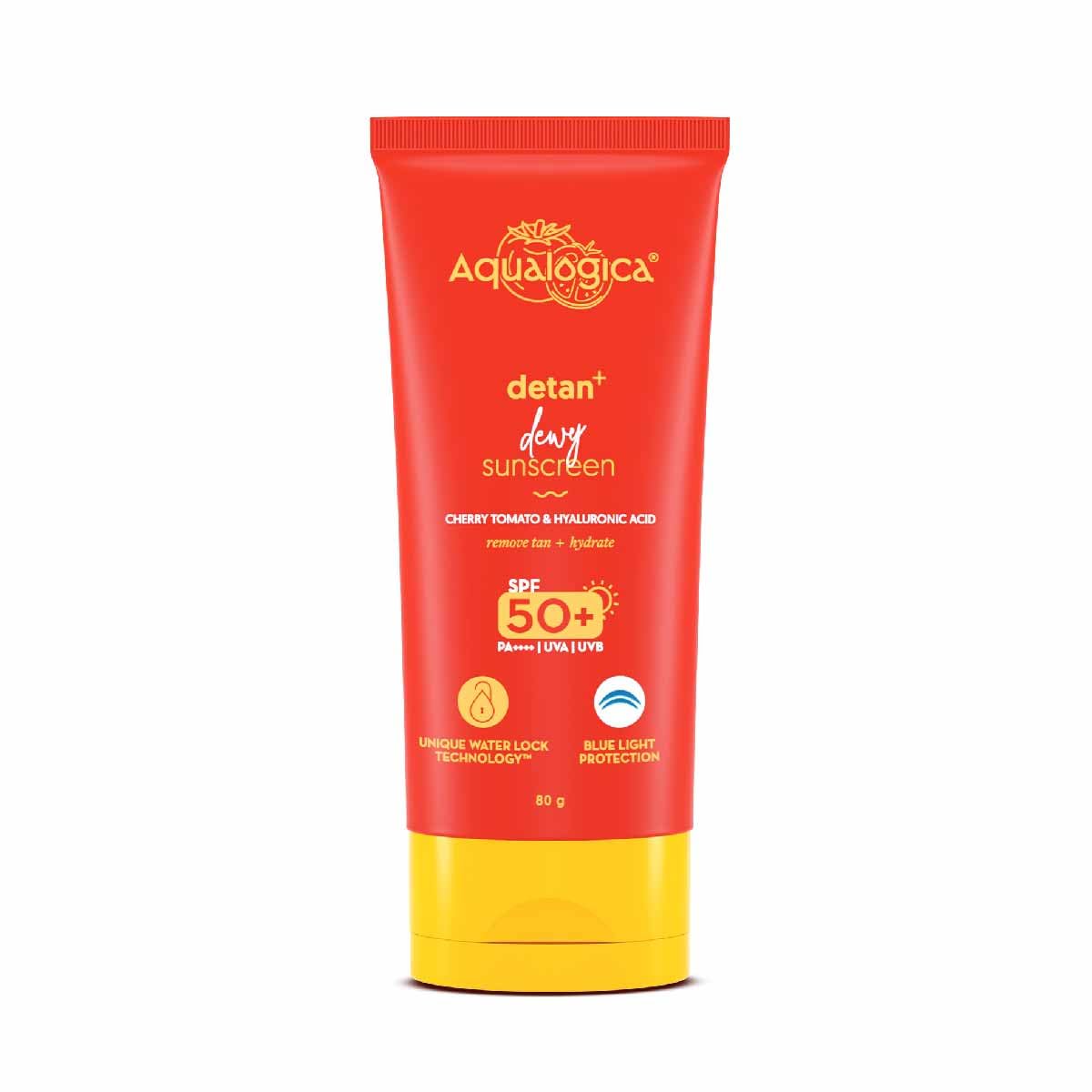 Aqualogica Detan+ Dewy Lightweight Sunscreen with SPF 50+ & PA++++ for UVA/B & Blue Light Protection | Normal, Sensitive & Dry Skin | Tan Removal & No White Cast for Men & Women - 50g