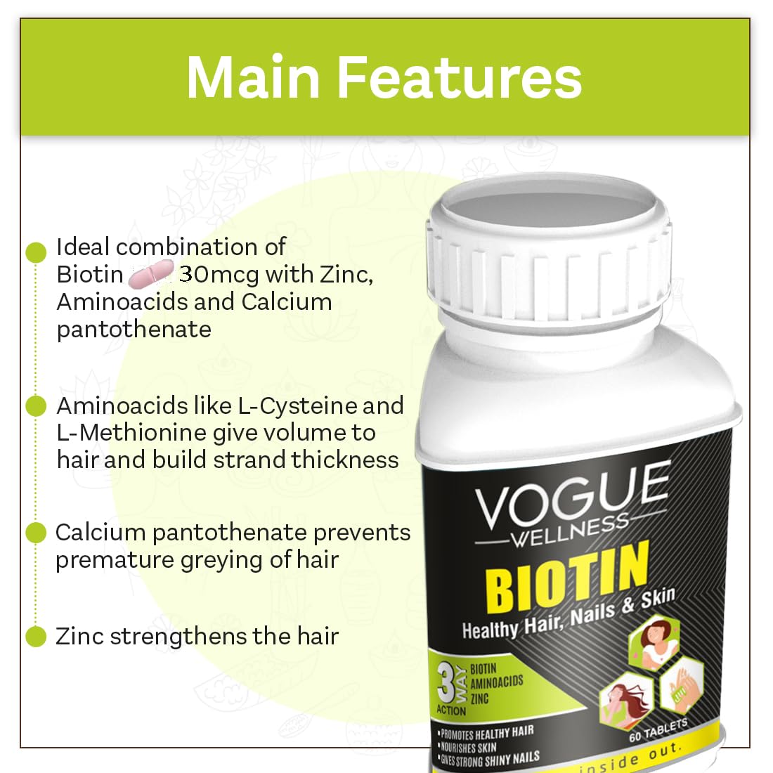 Vogue Wellness Biotin for Healthy Hair & Skin Growth Nourishment Stronger, Vitamin & Zinc, Hairfall Control, Clean & Vegan 60 Tablets (Pack of 5)