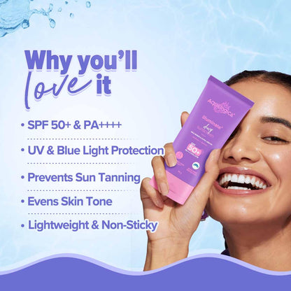 Aqualogica lluminate+ Dewy All Skin Type Sunscreen Spf 50+ Pa++++ With Wild Berries&Alpha Arbutin - 50 G Protection Against Uva/B&Blue Light Protection Fragrance-Free For Luminous&Sun Protected Skin