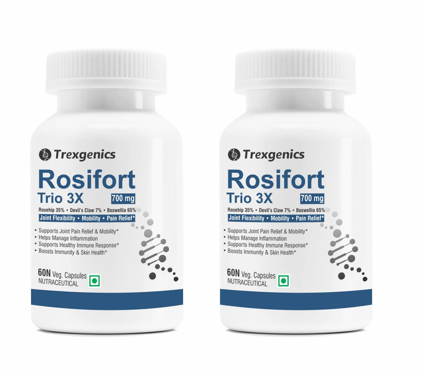 Trexgenics ROSIFORTE TRIO Rosehip, Boswellia, Devil's Claw 700 mg Joint Pain & Inflammation Support VEGAN & NON-GMO (60 Veg. Capsules) (Pack of 1)