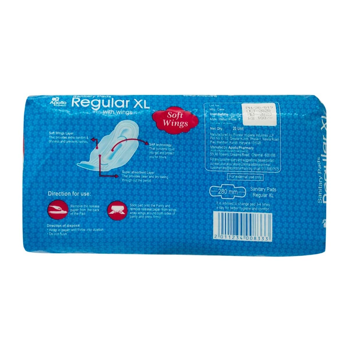 Apollo Pharmacy Regular Sanitary Pads With Wings XL, 20 Count