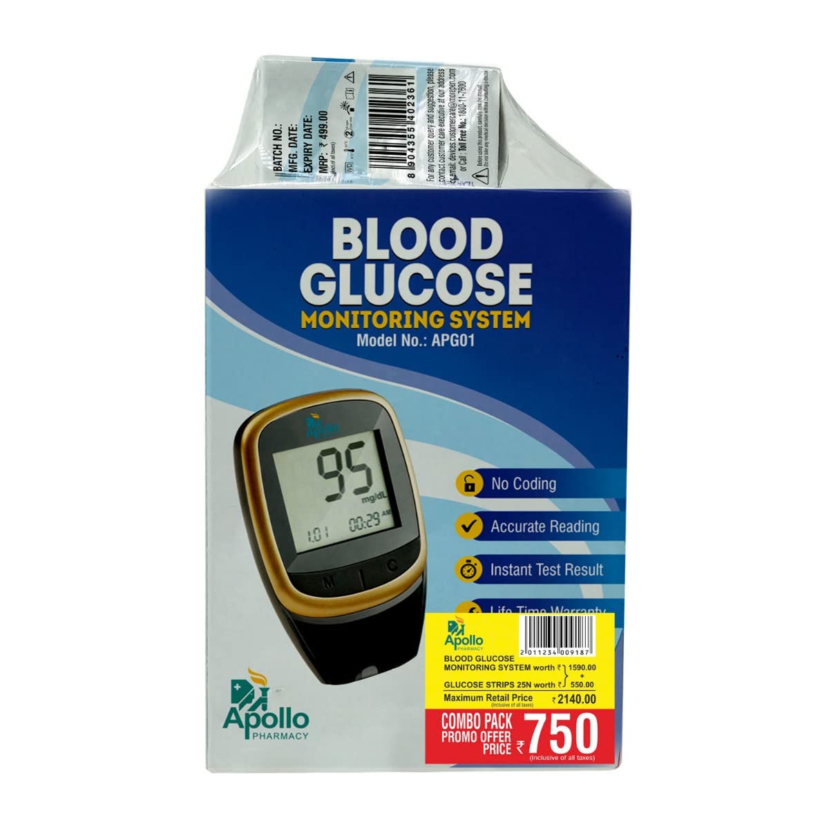 Apollo Pharmacy Blood Glucose Monitoring System APG01 with 25 Test Strips, 1 kit