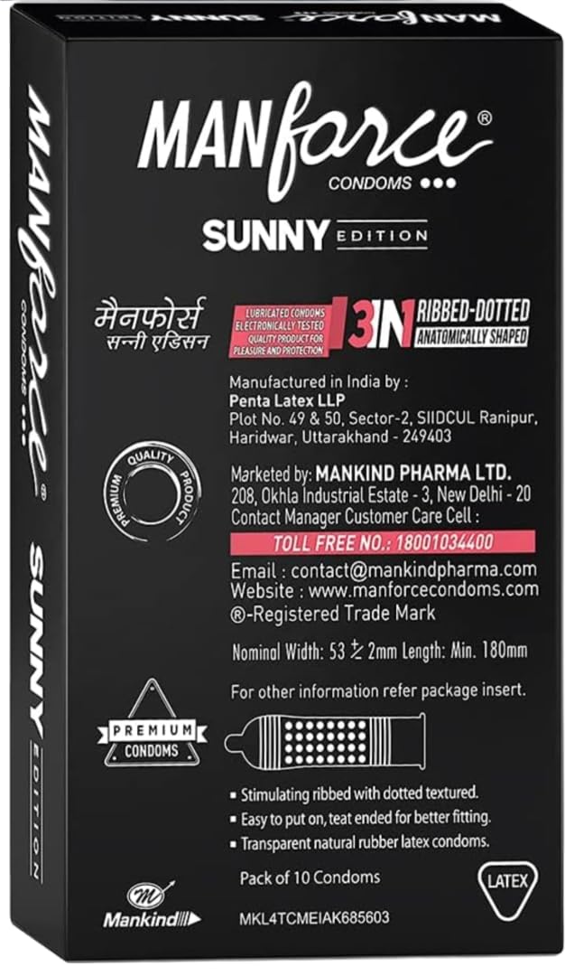 Manforce Sunny Edition Condoms | 10 pcs | Ribbed, Dotted & Anatomically Shaped Condoms | India’s No. 1* Condom Brand for Safe Sex