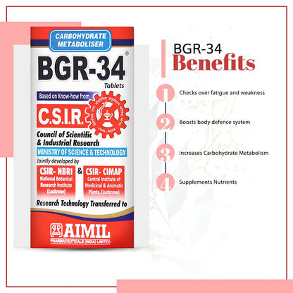 AIMIL BGR-34 Tablets - 100 Tablets (Pack of 10) | Herbal Carbohydrate Metaboliser | Giloy, Methi, Vijaysar, Gudmar and More Herbs | R&D by CSIR