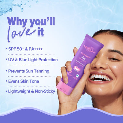 Aqualogica lluminate+ Dewy All Skin Type Sunscreen Spf 50+ Pa++++ With Wild Berries&Alpha Arbutin - 50 G Protection Against Uva/B&Blue Light Protection Fragrance-Free For Luminous&Sun Protected Skin