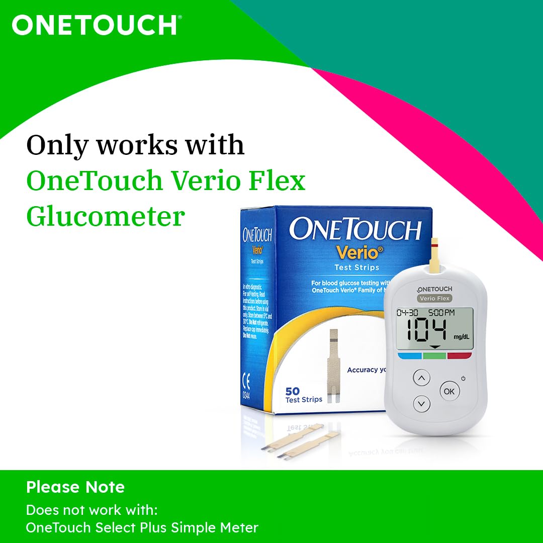 OneTouch Verio Test Strips | Pack of 50 Test Strips along with 50 Delica Plus Lancets | Blood Sugar Test Machine Testing Strips | Global Iconic Brand | For use with OneTouch Verio Flex Glucometer