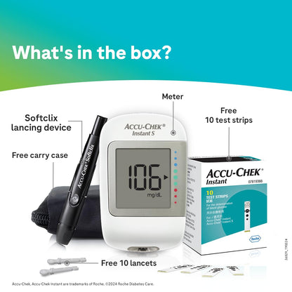 Accu-Chek Instant S Blood Glucose Glucometer Kit with Vial of 10 Strips, 10 Lancets and a Lancing device FREE for Accurate Blood Sugar Testing