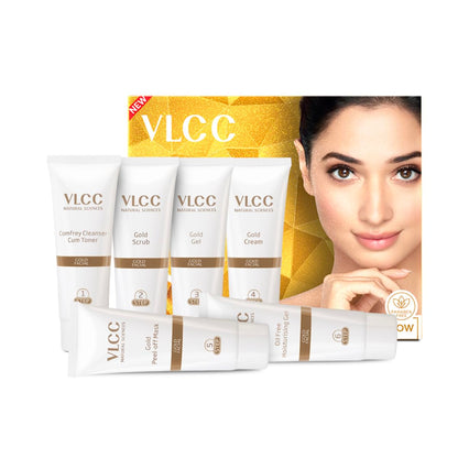 VLCC Gold Facial Kit, Bright & Glowing Skin - 60g | Pamper your Skin for a Luminous Glow | Parlour Glow with 24K Gold Bhasma, Rose Extracts, Turmeric & Aloe Vera.