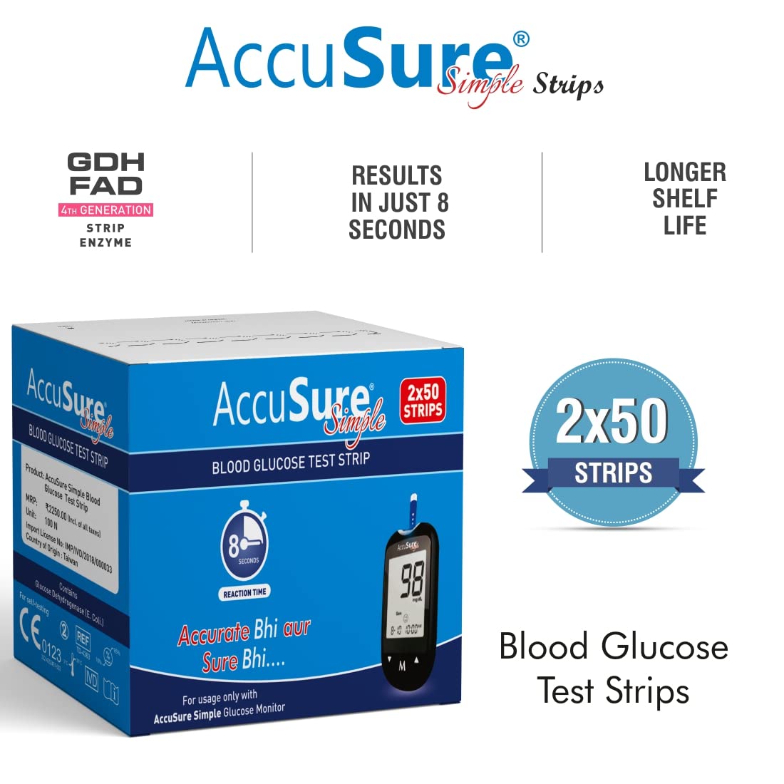 AccuSure Simple Blood Glucose Test 100 Strips, 2 X 50 Test Strip (Multicolor)