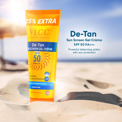 VLCC De-Tan SPF 50 PA+++ Sunscreen Gel Crème - 100g | With Cucumber, Carrot, and Saxifraga Extracts | Enhances Glow, Protects from UVA, UVB Rays, and Help Reduce Dark Patches.