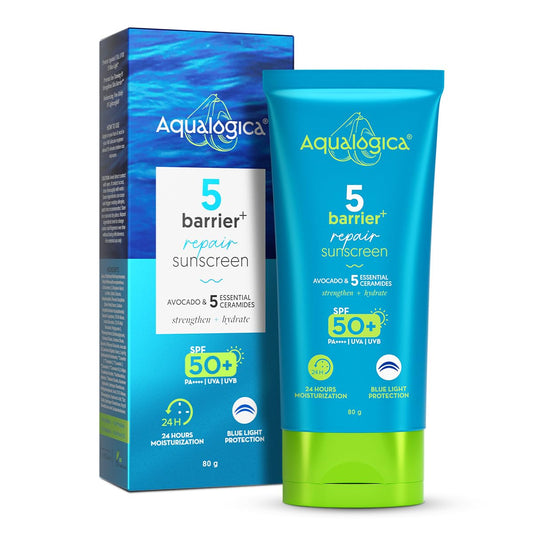 Aqualogica 5 Barrier+ Repair Sunscreen with Avocado & 5 Essential Ceramides-80g|SPF 50 PA++++|UVA/B & Blue Light Broad Spectrum Protection|Strengthens Skin Barrier|24 Hr Moisturization|Fragrance Free