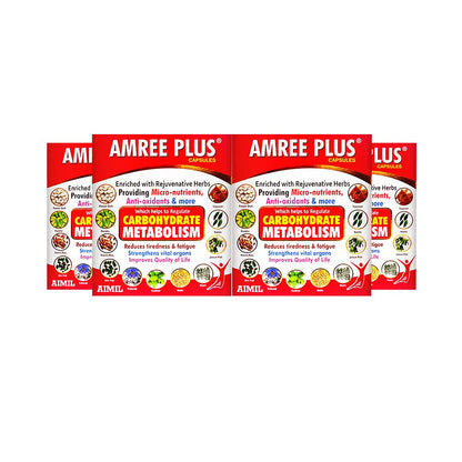 AIMIL Amree Plus Capsules - 20 Capsules (Pack of 4) | Natural Carbohydrate Metabolizer | Strengthens Vital Organs | Contains Micronutrients & Antioxidants | Karela, Methi and More