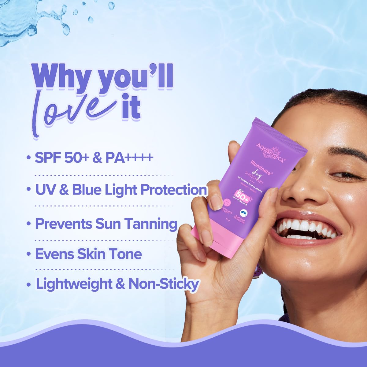 Aqualogica lluminate+ Dewy All Skin Type Sunscreen Spf 50+ Pa++++ With Wild Berries&Alpha Arbutin - 50 G Protection Against Uva/B&Blue Light Protection Fragrance-Free For Luminous&Sun Protected Skin