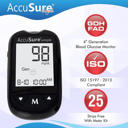 AccuSure Instant Digital Simple Glucometer Kit |with 25 Strips,10 Lancet,1 Lancing device for Accurate Blood Glucose Sugar Testing Machine